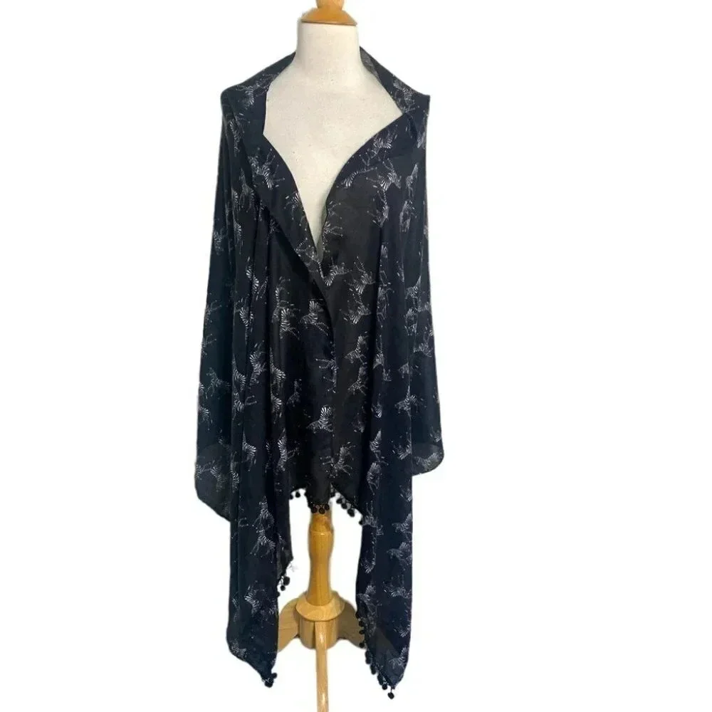 Black & white zebra print scarf with pom pom‎ trim